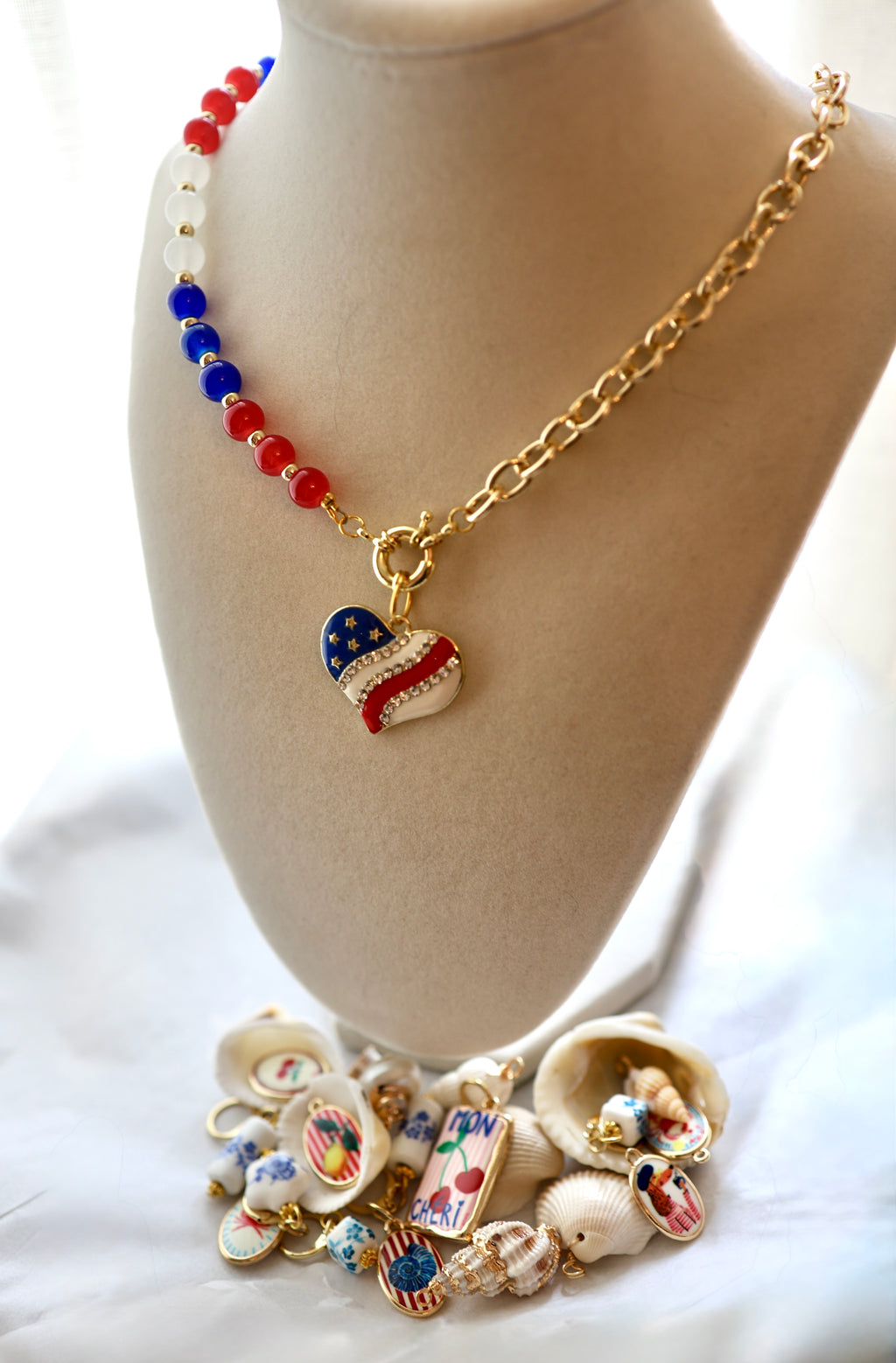 Stars & Stripes Heart Glass Bead Necklace