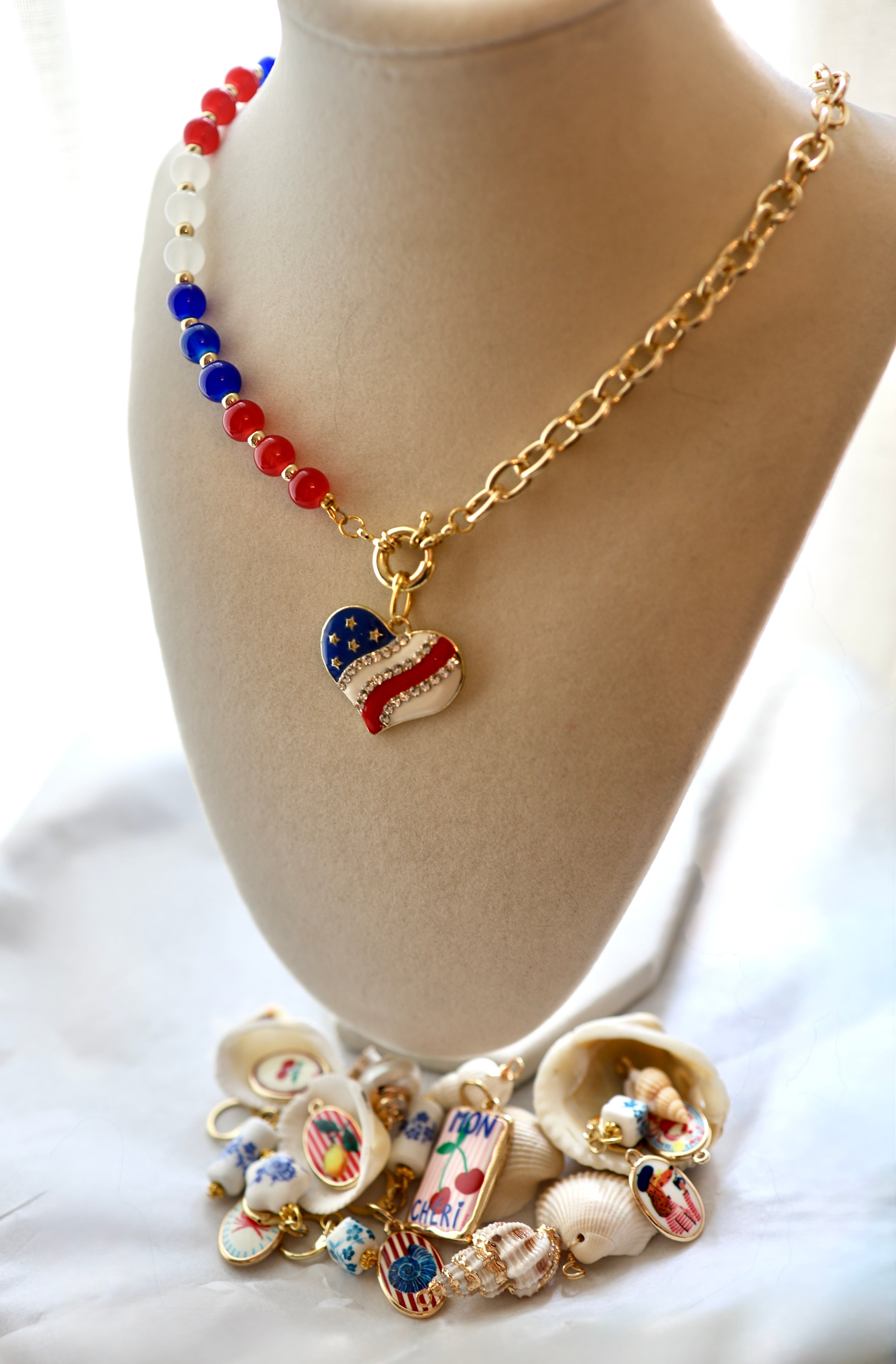 Stars & Stripes Heart Glass Bead Necklace