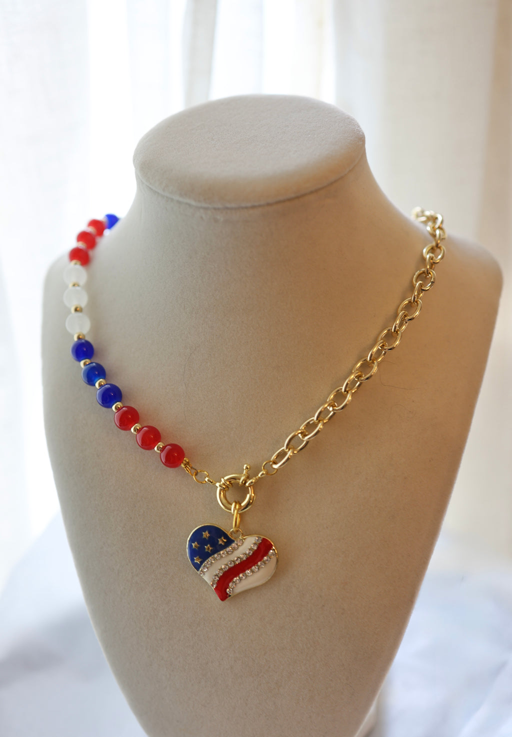 Stars & Stripes Heart Glass Bead Necklace